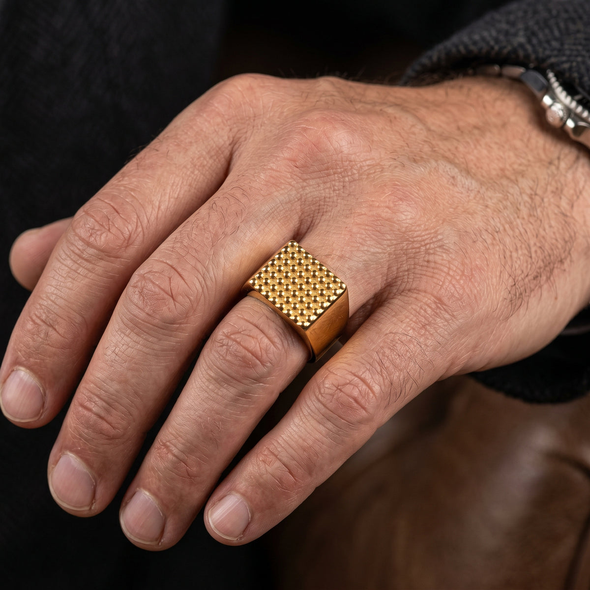 Golden Mosaic Dot Bold Steel Ring | 18K Real Gold PVD Plated– For Men | Includes: Ring