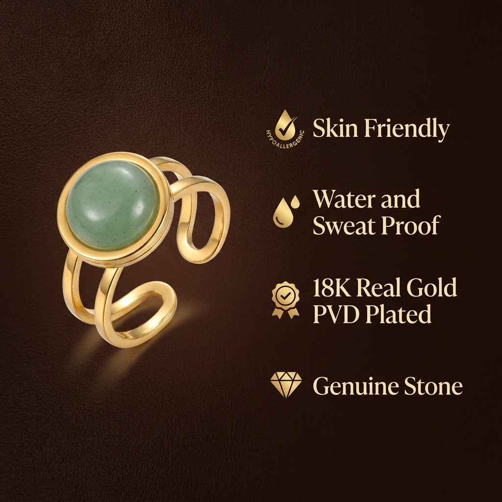 Green Jade Real Stone Flexi Size Goldenn Ring | 18K Real Gold PVD Plated– For Men | Includes: Ring