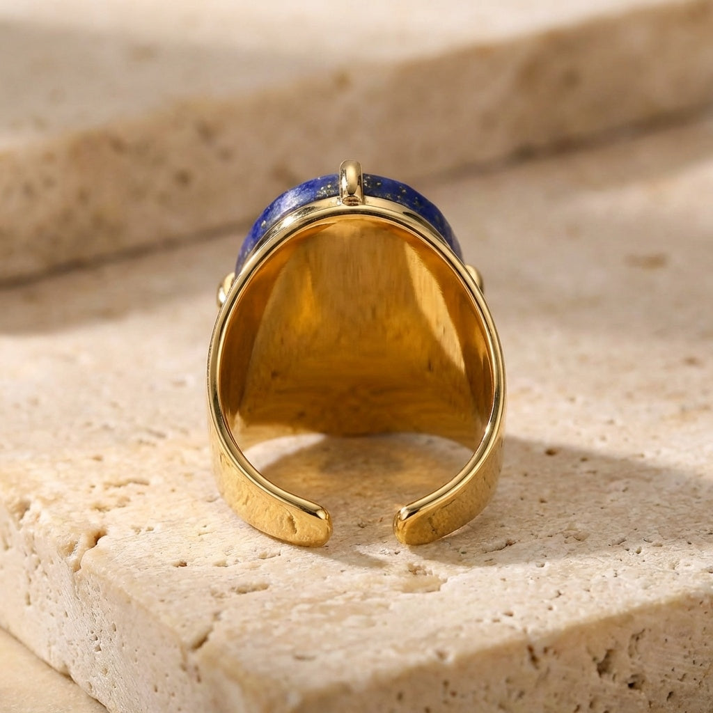 Natural Lapis Lazuli Faceted Stone Golden Flexi Size Ring | 18K Real Gold PVD Plated– For Men | Includes: Ring