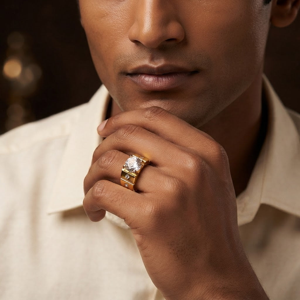 Ethnic Pyramid Solitire Clear Zircon Ring | 18K Real Gold PVD Plated– For Men | Includes: Ring