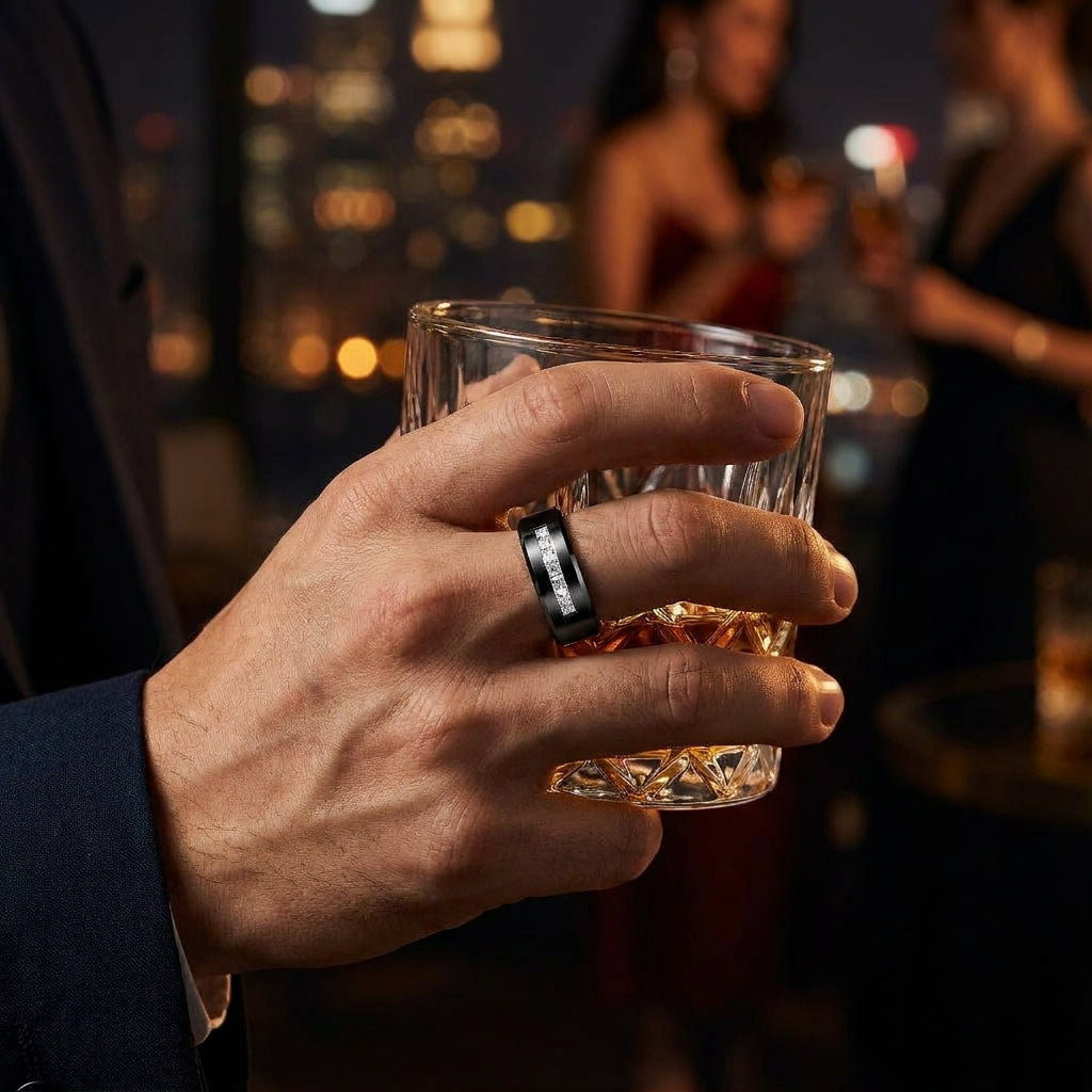 Black Titanium Zircon Stub Modern Ring | PVD Plated– For Men | Includes: Ring
