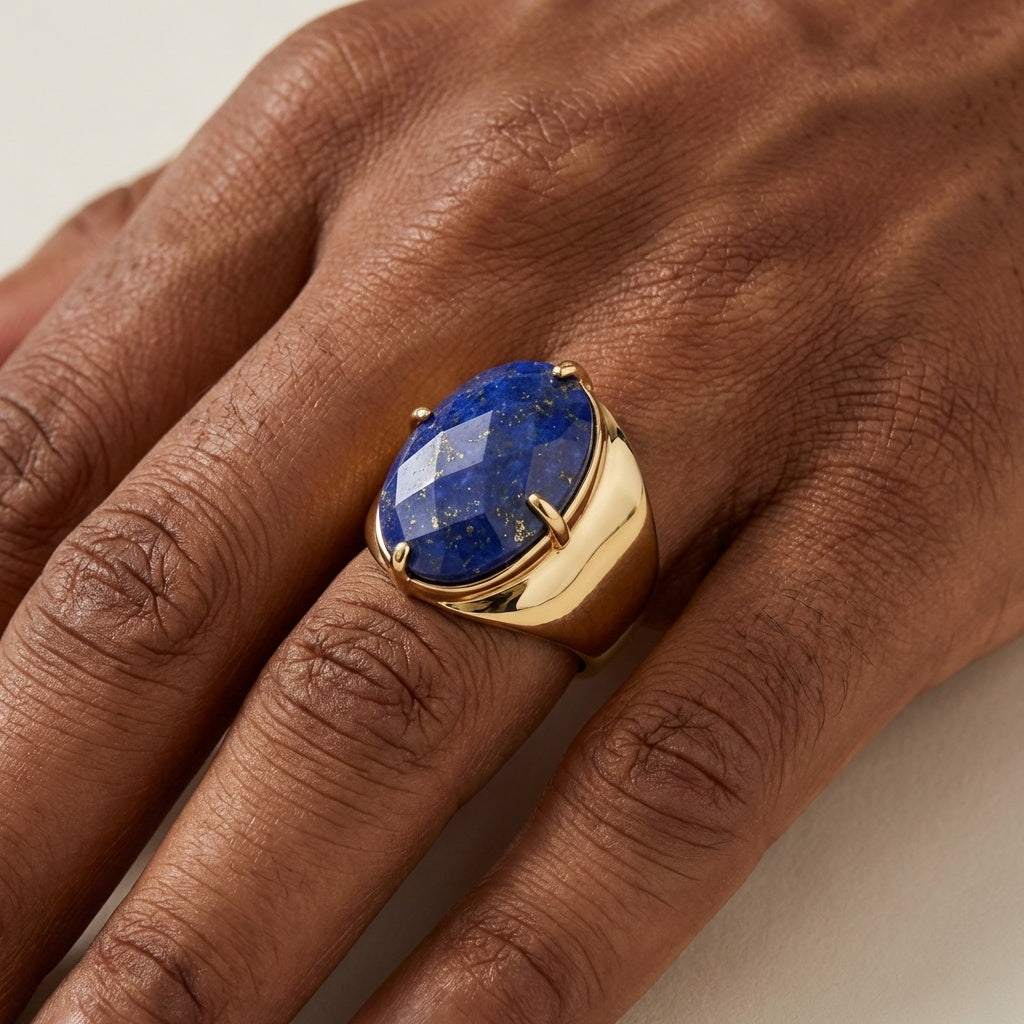 Natural Lapis Lazuli Faceted Stone Golden Flexi Size Ring | 18K Real Gold PVD Plated– For Men | Includes: Ring