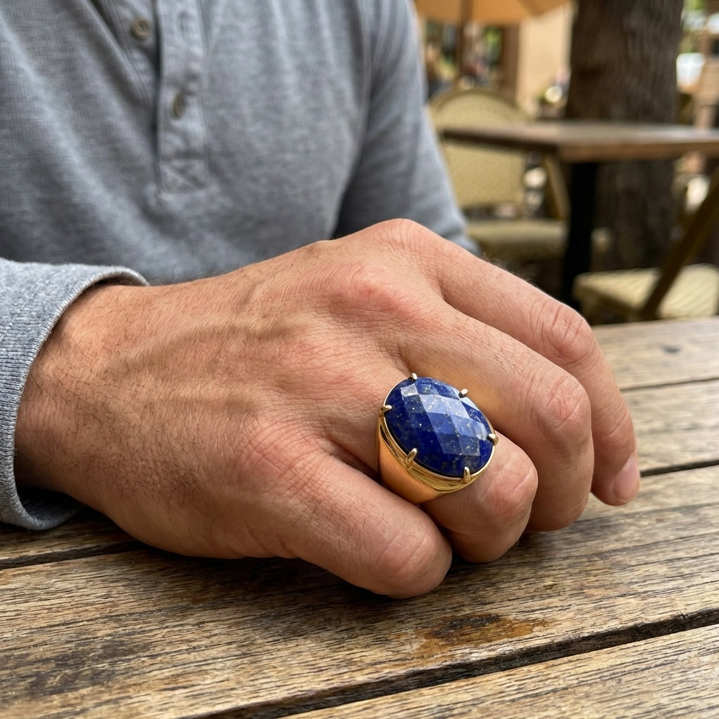 Natural Lapis Lazuli Faceted Stone Golden Flexi Size Ring | 18K Real Gold PVD Plated– For Men | Includes: Ring