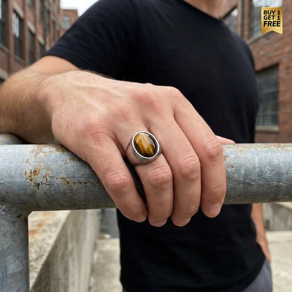 Natural BOLD Tiger Eye Stone Golden Titanium Steel Ring | PVD Plated– For Men | Includes: Ring