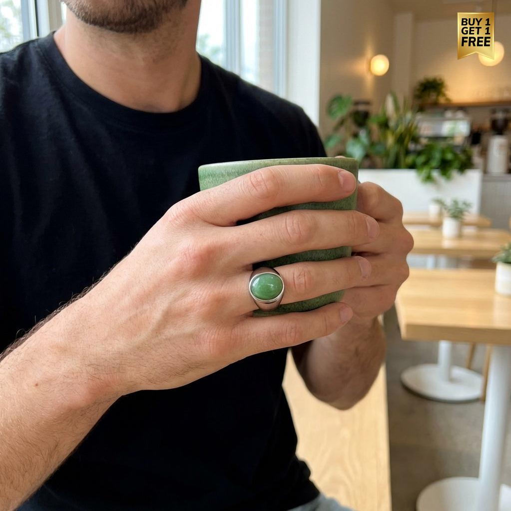 Natural Green Jade Stone Golden Titanium Steel Ring | PVD Plated– For Men | Includes: Ring