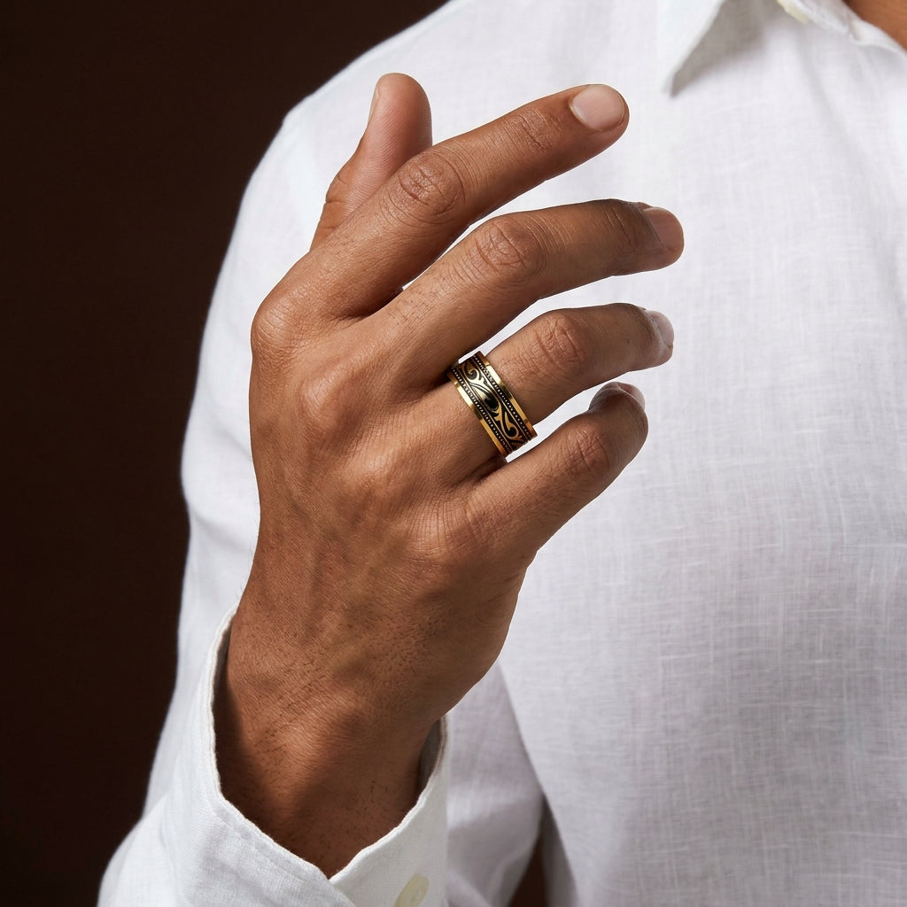 Ethnic Heritage Golden Ring | 18K Real Gold PVD Plated– For Men | Includes: Ring