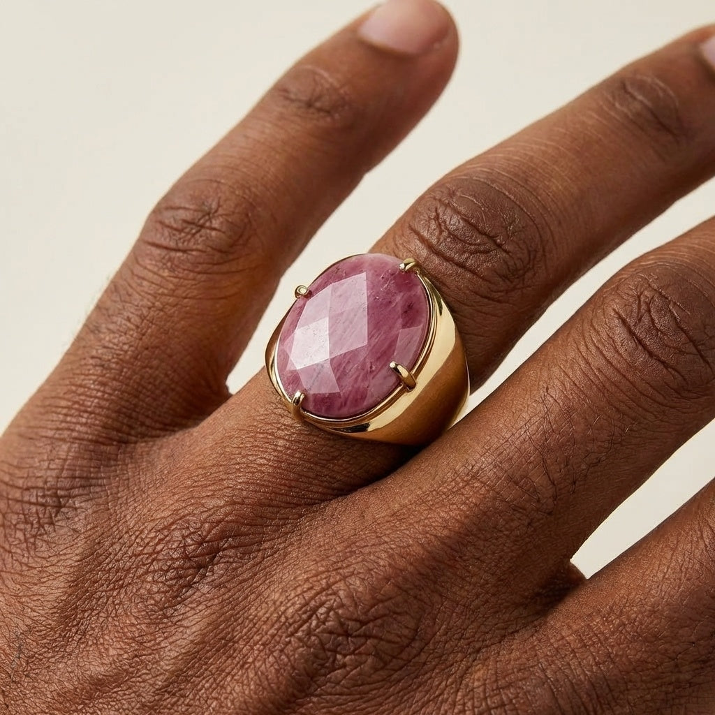 Natural Berry Quartz Faceted Stone Golden Flexi Size Ring | 18K Real Gold PVD Plated– For Men | Includes: Ring