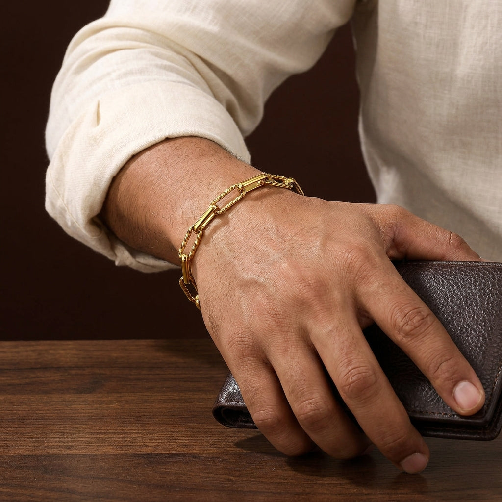 Wide Link Everyday Flexi Size Golden Steel Bracelet | 18K PVD Gold Plated- For Men | Includes: Bracelet