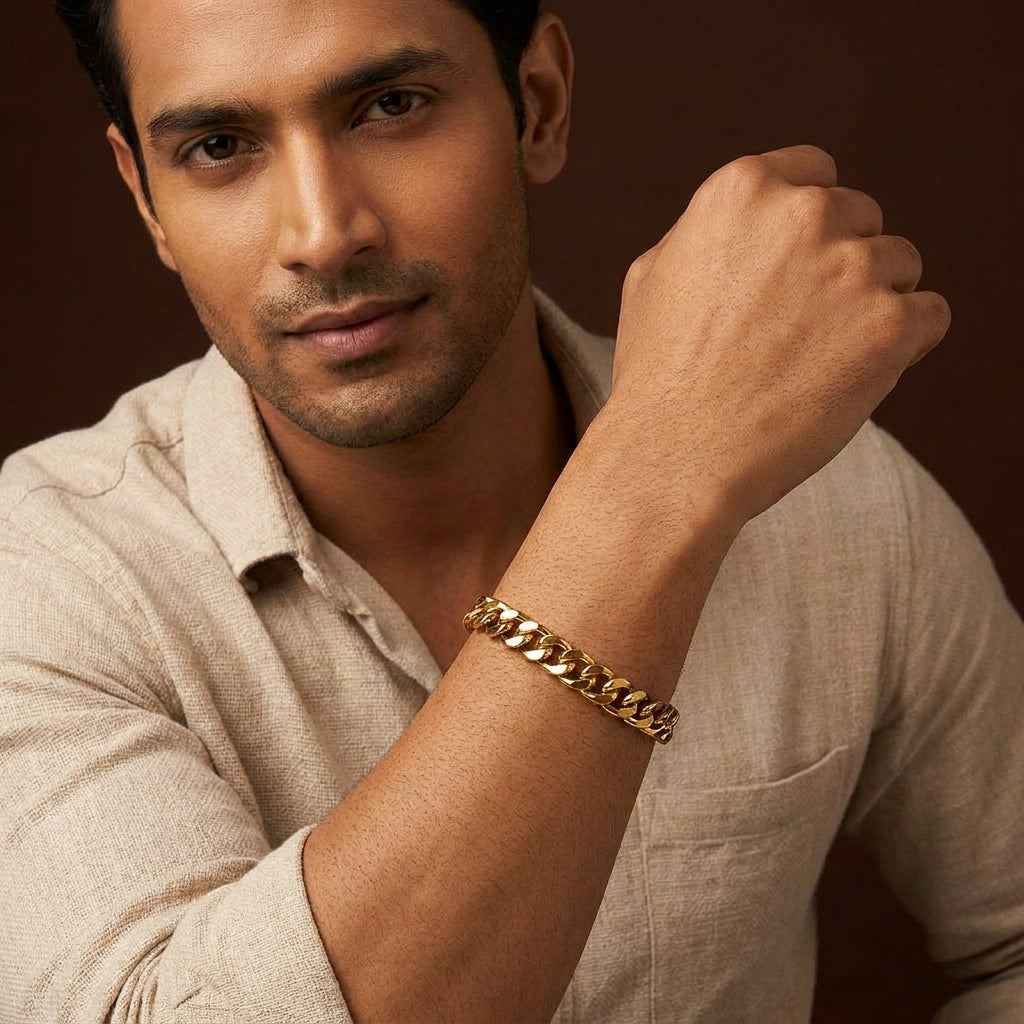 Golden Lean-Link Flexi Size Steel BOLD Bracelet (9MM) | 18K PVD Gold Plated- For Men | Includes: Bracelet
