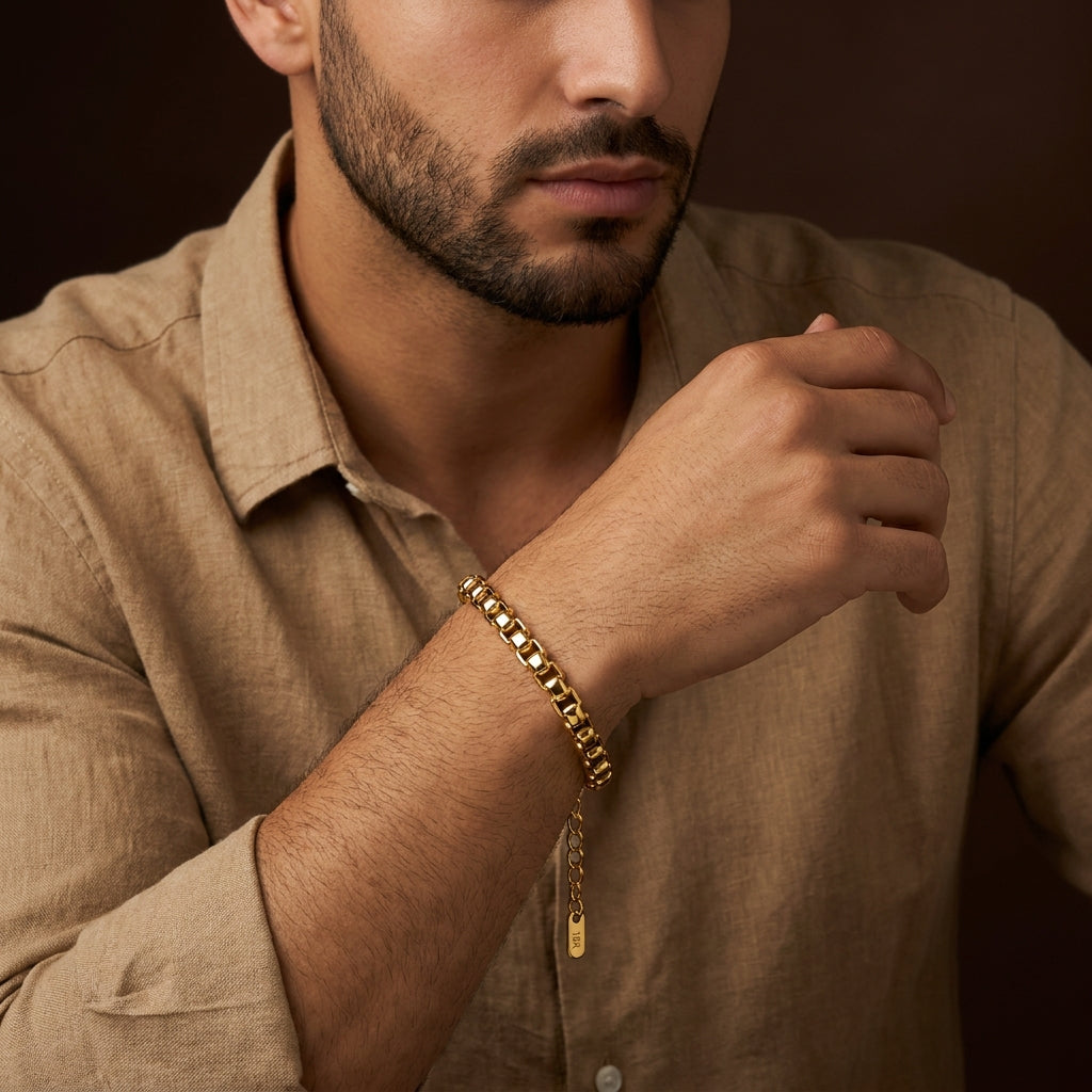 Golden Box Design Flexi Size Steel Regular Bracelet (6MM) | 18K PVD Gold Plated- For Men | Includes: Bracelet