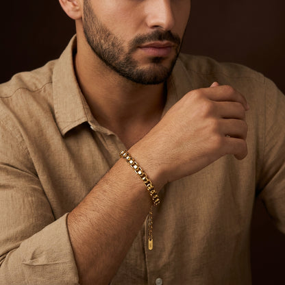 Golden Box Design Flexi Size Steel Regular Bracelet (6MM) | 18K PVD Gold Plated- For Men | Includes: Bracelet
