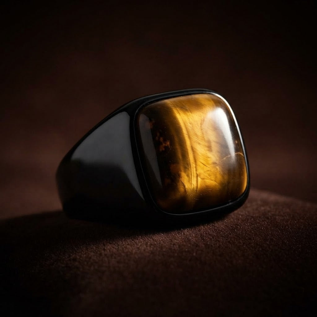 Natural BOLD Tiger Eye Stone Golden Titanium Steel Ring | PVD Plated– For Men | Includes: Ring