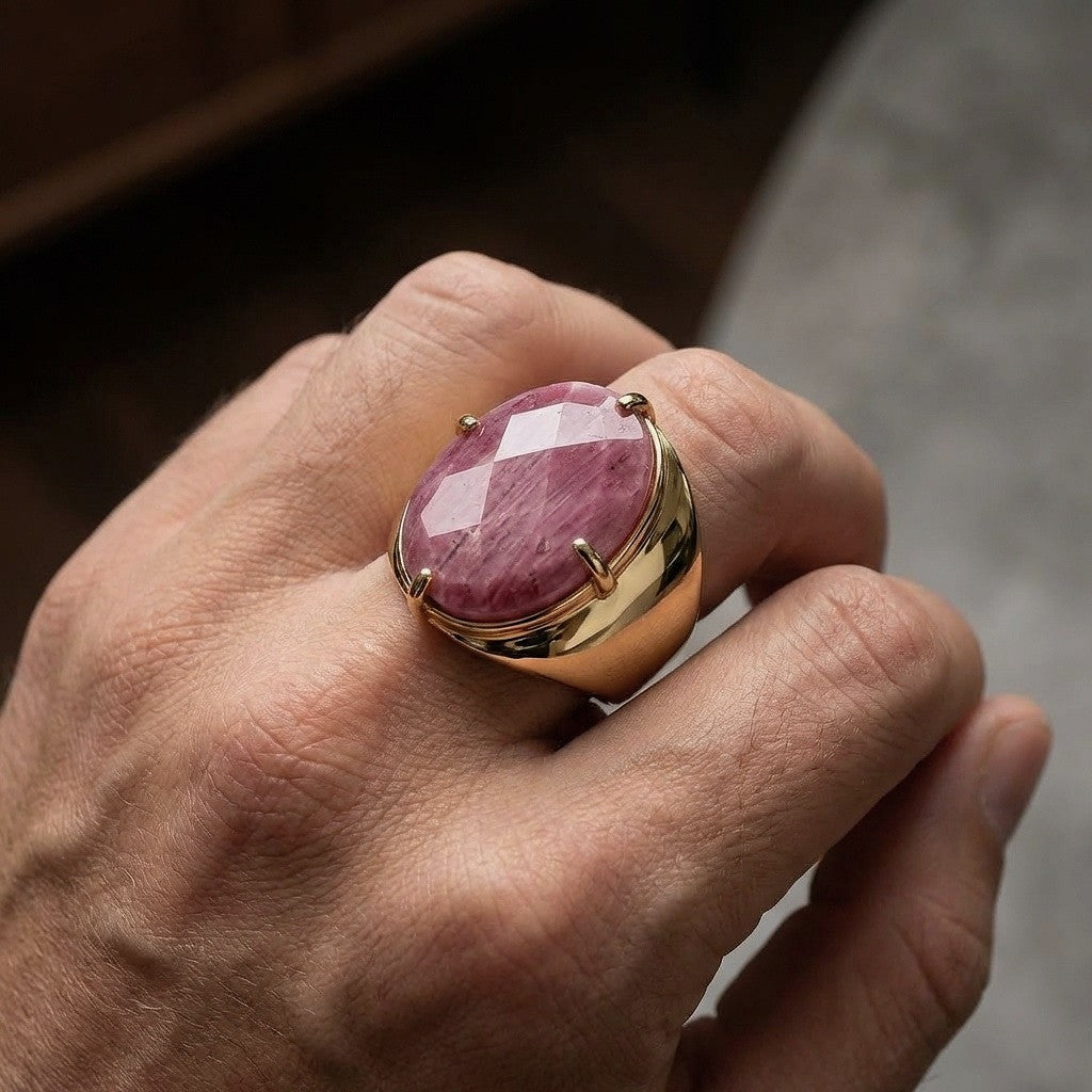Natural Berry Quartz Faceted Stone Golden Flexi Size Ring | 18K Real Gold PVD Plated– For Men | Includes: Ring