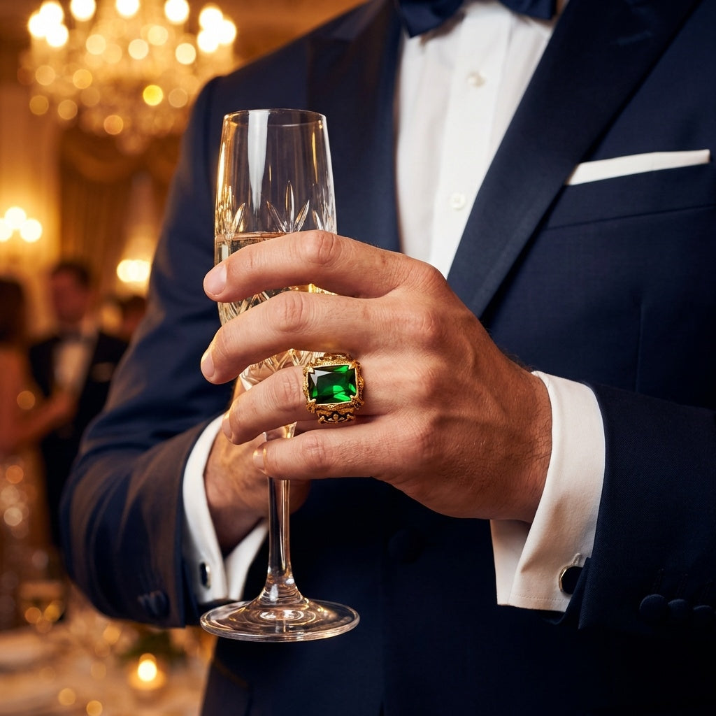 Green Zircon BOLD Iranian Golden Titanium Ring | 18K Real Gold PVD Plated– For Men | Includes: Ring