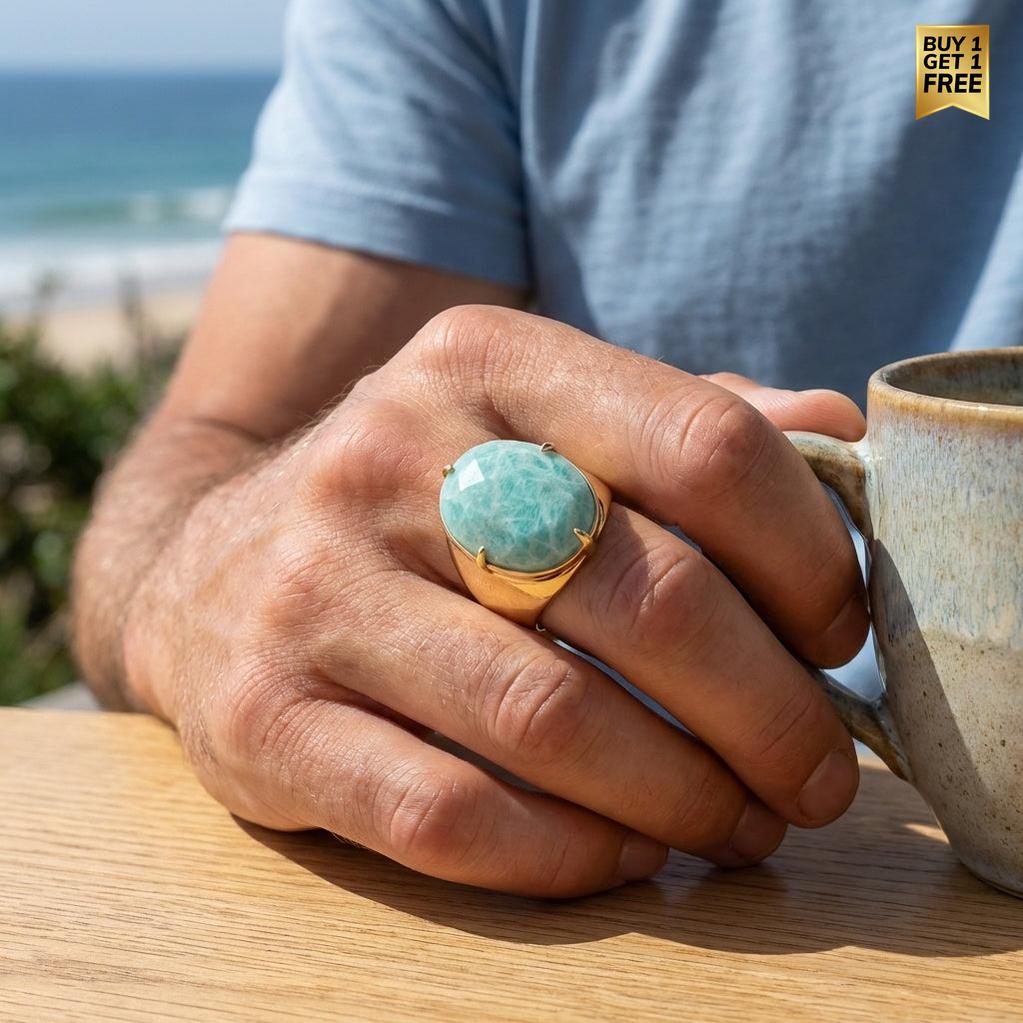 Natural Amazonite Faceted Stone Golden Flexi Size Ring | 18K Real Gold PVD Plated– For Men | Includes: Ring