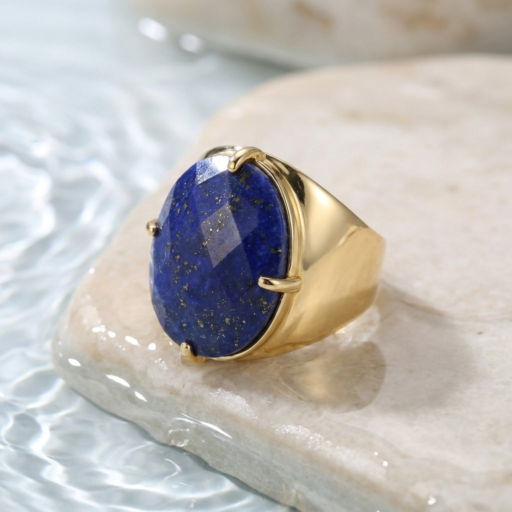 Natural Lapis Lazuli Faceted Stone Golden Flexi Size Ring | 18K Real Gold PVD Plated– For Men | Includes: Ring