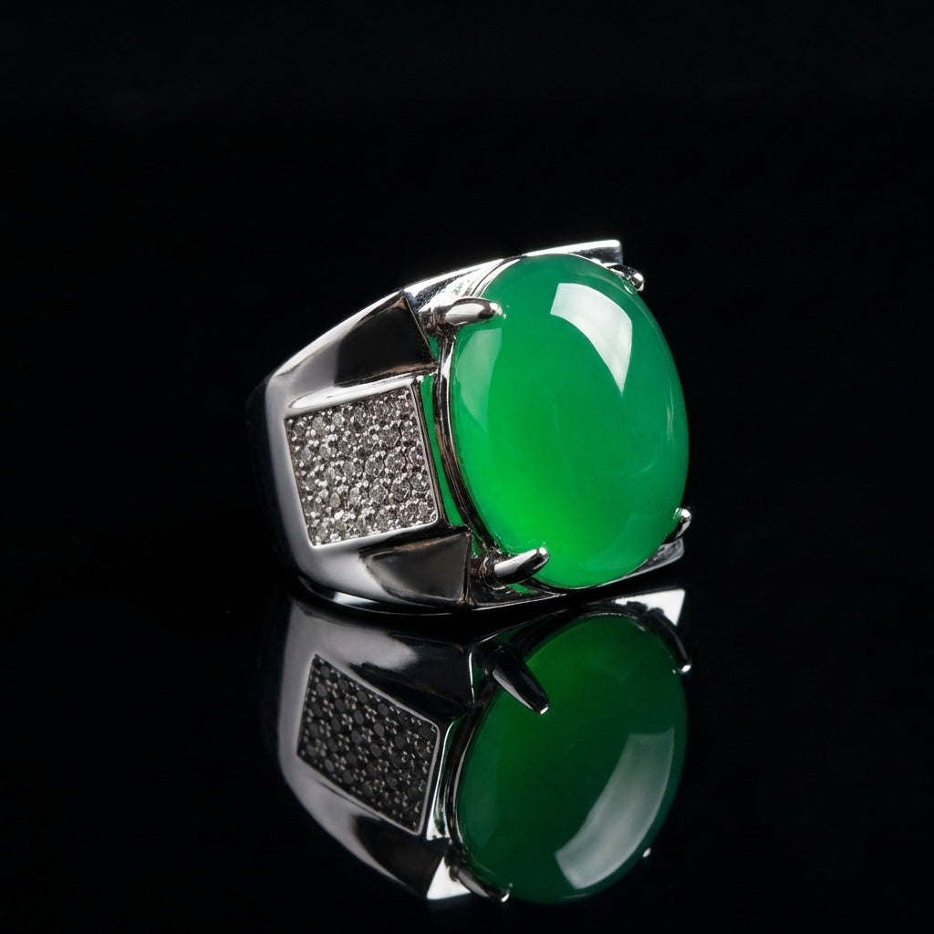 Green REAL STONE Zircon Ring | Pure Silver Plated Steel– For Men | Includes: Ring