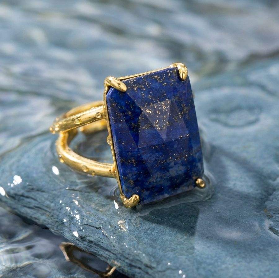 BOLD Natural Lapis Stone Golden Flexi Size Ring | 18K Real Gold PVD Plated– For Men | Includes: Ring